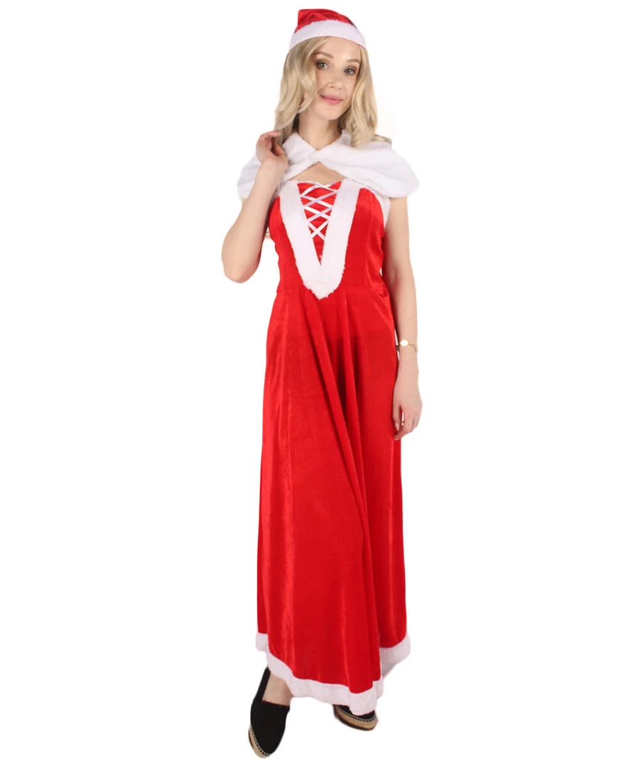 HPO Men's Adult Women Luxury Miss Santa Costume | Red & White Christmas Costume