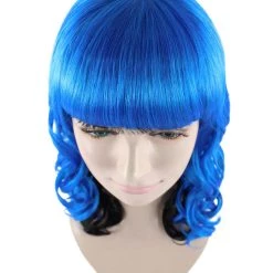 HPO Men's Blue Wavy Womens Wig | Medium Curly Cosplay Halloween Wig | Premium Breathable Capless Cap