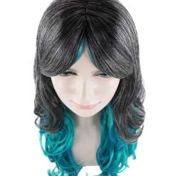 HPO Long Two Tone Curly Womens Wig | Grey/Blue Wig | Premium Breathable Capless Cap Men's