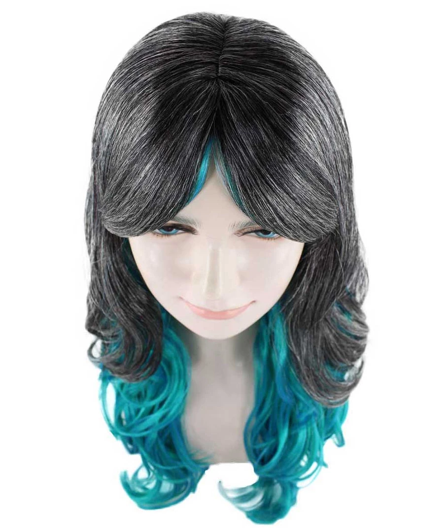 HPO Long Two Tone Curly Womens Wig | Grey/Blue Wig | Premium Breathable Capless Cap Men's