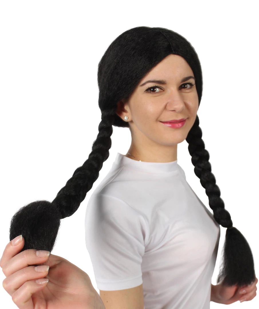 BC Adult Women's Black Color Braided Pigtails Shoulder Length Trendy Wednesday Wig | Breathable Standard Cap