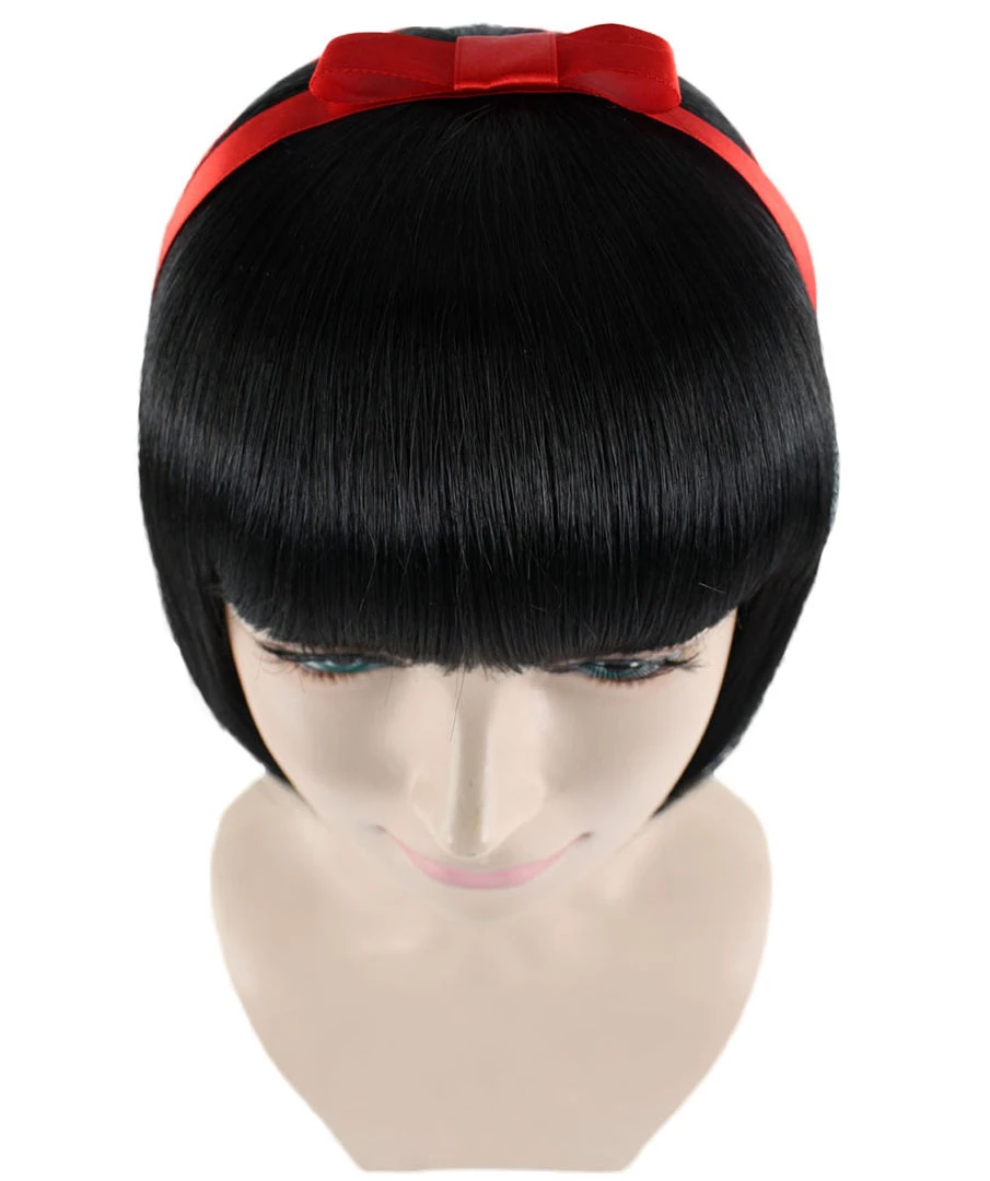 HPO Snow Princess Womens Wig | Black Bob Halloween Wig With Ribbon | Premium Breathable Capless Cap