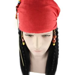HPO Caribbean Pirate Mens Wig | Black Wig With Red Cap | Premium Breathable Capless Cap