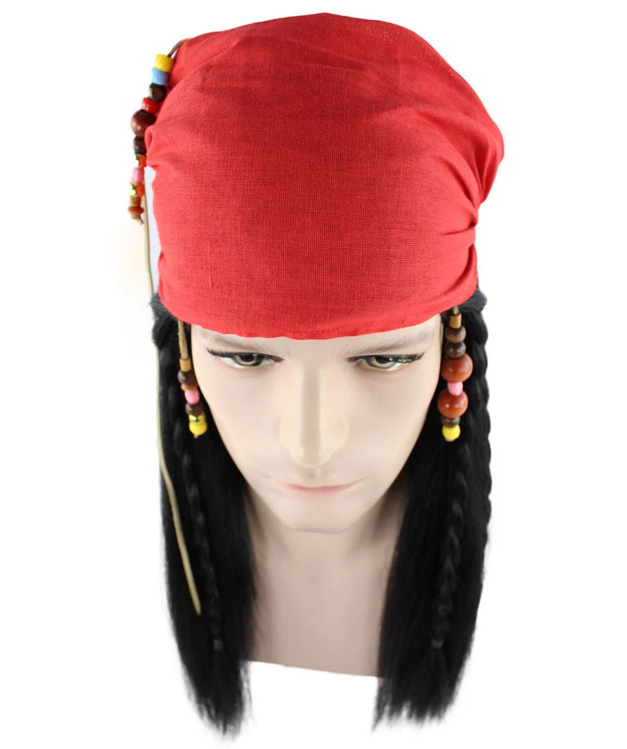 HPO Caribbean Pirate Mens Wig | Black Wig With Red Cap | Premium Breathable Capless Cap