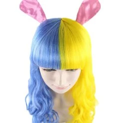 HPO Men's Womens Easter Bunny Blue & Yellow Long Wavy Party Wig | Colorful Character Cosplay Wig | Premium Breathable Capless Cap