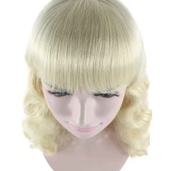 HPO Womens Blonde Pin Up Girl Wig | Medium Curly Cosplay Halloween Wig | Premium Breathable Capless Cap