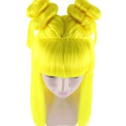 HPO Women's Neon Yellow Asian Princess Two Tied Horn Wig | Premium Breathable Capless Cap