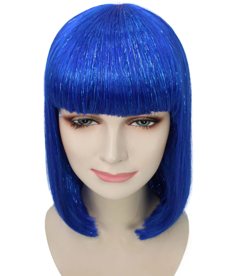 FLAGWIGS Women's Bright Blue Bob With Blue Tinsel | Sparkly Celebrity Halloween Wig | Premium Capless Cap