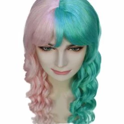 BC Women's Two Tone Green And Pink Color Curly Medium Length Trendy Calypso Wig