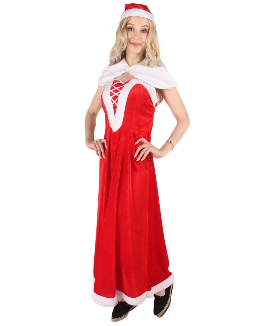 HPO Men's Adult Women Luxury Miss Santa Costume | Red & White Christmas Costume