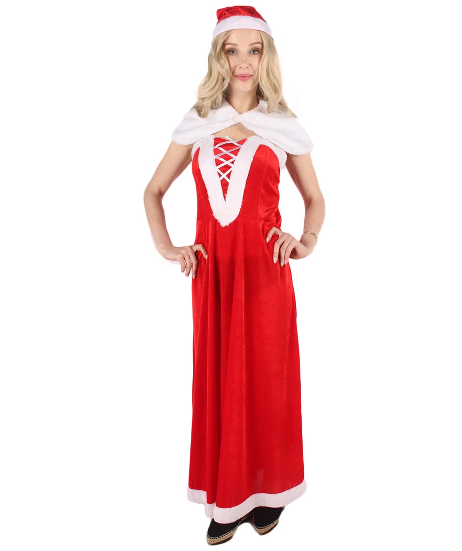 HPO Men's Adult Women Luxury Miss Santa Costume | Red & White Christmas Costume