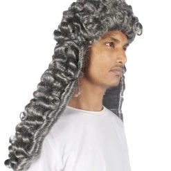 HPO Colonial Men Judge Curly Long Grey Wig | Premium Breathable Capless Cap