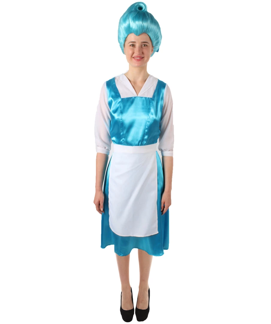 HPO Women's Belle Cosplay Costume Blue Maid Dress With Apron And Headwear