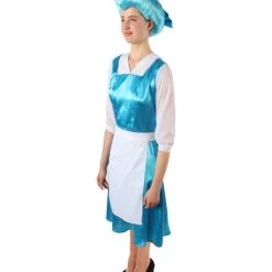 HPO Women's Belle Cosplay Costume Blue Maid Dress With Apron And Headwear