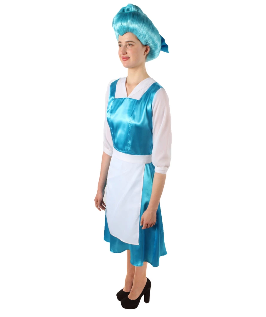 HPO Women's Belle Cosplay Costume Blue Maid Dress With Apron And Headwear