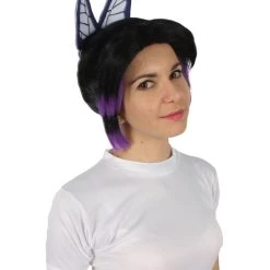 HPO Adult Women's Demon Hunter Black And Dark Purple Wig & Butterfly Accessory