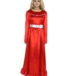 HPO Women's Evil Annabella Doll | White Long Maxi Dress In Satin-Feel | Premium Horror Halloween Costume