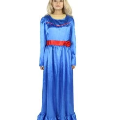HPO Women's Evil Annabella Doll | White Long Maxi Dress In Satin-Feel | Premium Horror Halloween Costume