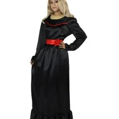 HPO Women's Evil Annabella Doll | White Long Maxi Dress In Satin-Feel | Premium Horror Halloween Costume