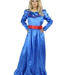 HPO Women's Evil Annabella Doll | White Long Maxi Dress In Satin-Feel | Premium Horror Halloween Costume