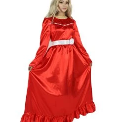 HPO Women's Evil Annabella Doll | White Long Maxi Dress In Satin-Feel | Premium Horror Halloween Costume