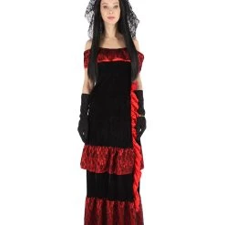 HPO Adult Women Day Of The Dead Bridal Costume | Black & Red Halloween Costume