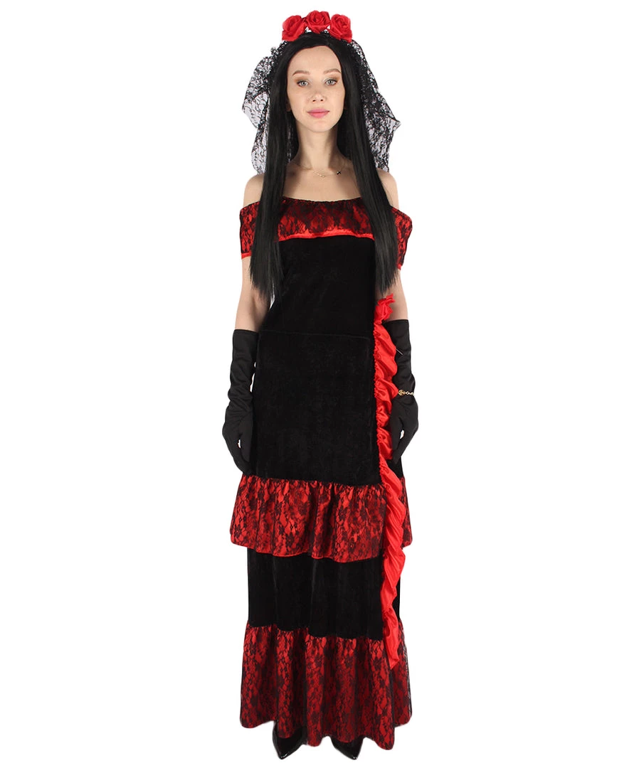 HPO Adult Women Day Of The Dead Bridal Costume | Black & Red Halloween Costume