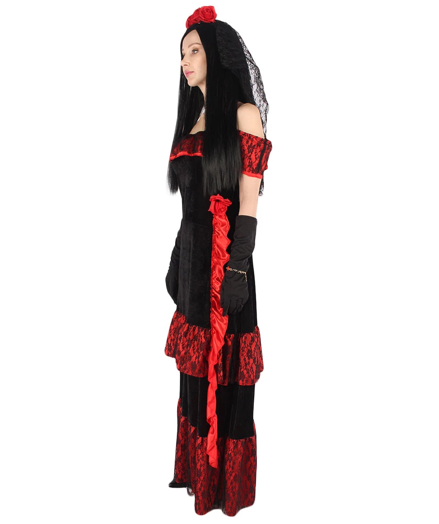 HPO Adult Women Day Of The Dead Bridal Costume | Black & Red Halloween Costume