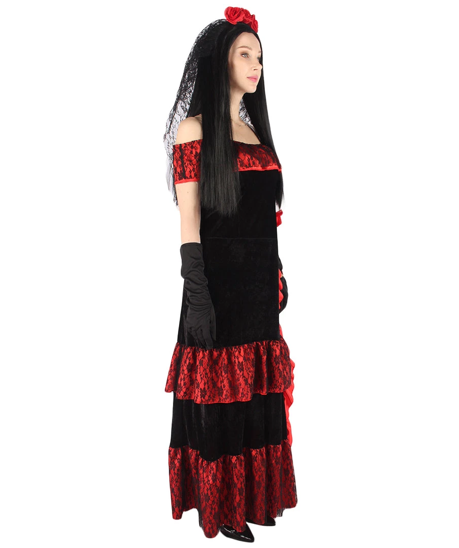 HPO Adult Women Day Of The Dead Bridal Costume | Black & Red Halloween Costume