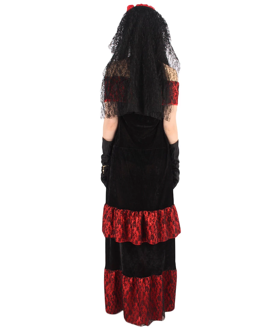 HPO Adult Women Day Of The Dead Bridal Costume | Black & Red Halloween Costume