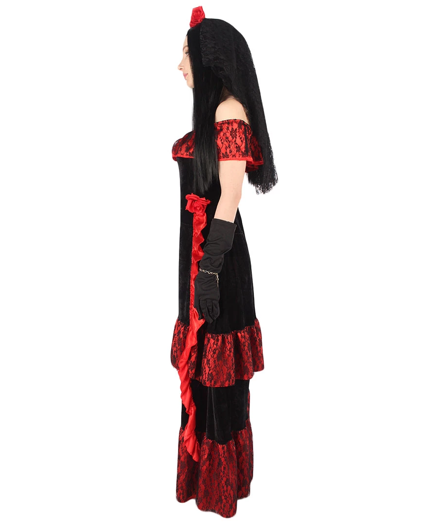 HPO Adult Women Day Of The Dead Bridal Costume | Black & Red Halloween Costume