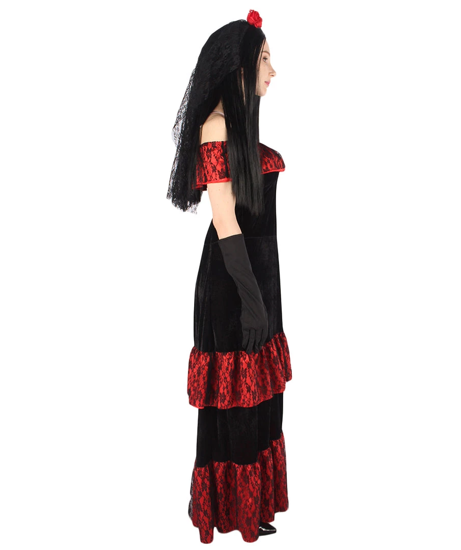 HPO Adult Women Day Of The Dead Bridal Costume | Black & Red Halloween Costume