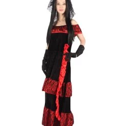 HPO Adult Women Day Of The Dead Bridal Costume | Black & Red Halloween Costume