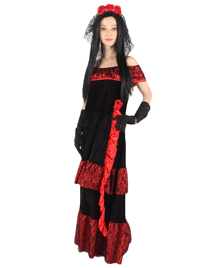 HPO Adult Women Day Of The Dead Bridal Costume | Black & Red Halloween Costume