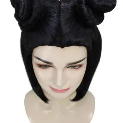HPO Shoulder Length Double Bun Black Hair Women's Wig - Capless Cap Design