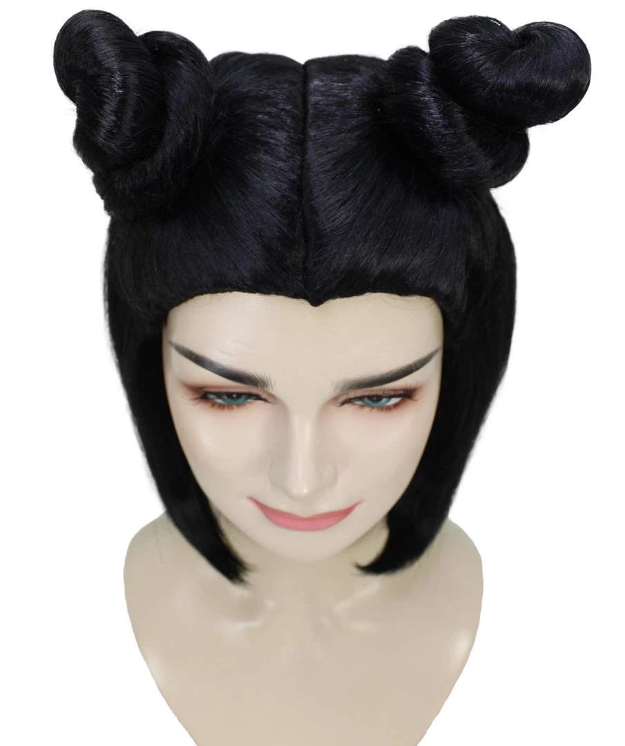 HPO Shoulder Length Double Bun Black Hair Women's Wig - Capless Cap Design