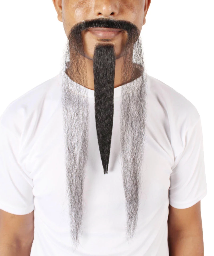 HPO Mens Extra Long Black Emperor Beard - Stage Ready Mustache Perfect For Cosplay, Drag, And Performance Men's