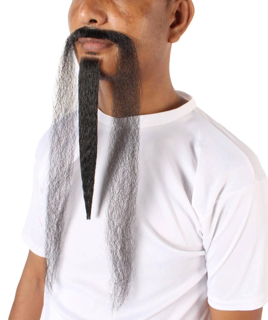 HPO Mens Extra Long Black Emperor Beard - Stage Ready Mustache Perfect For Cosplay, Drag, And Performance Men's