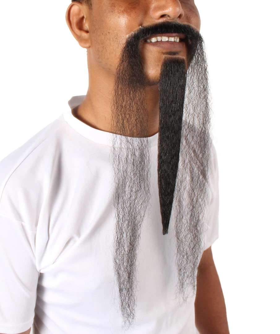 HPO Mens Extra Long Black Emperor Beard - Stage Ready Mustache Perfect For Cosplay, Drag, And Performance Men's