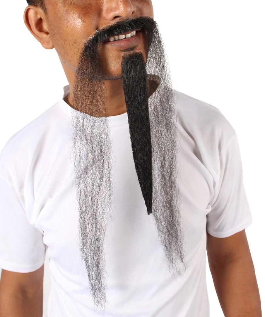 HPO Mens Extra Long Black Emperor Beard - Stage Ready Mustache Perfect For Cosplay, Drag, And Performance Men's