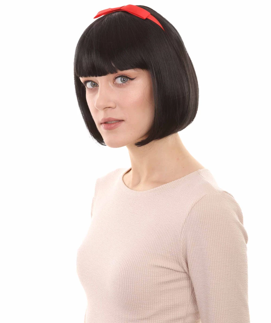 HPO Snow Princess Womens Wig | Black Bob Halloween Wig With Ribbon | Premium Breathable Capless Cap