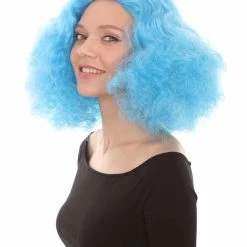 HPO Women's Shoulder Length Poofy With Wild Thoughts Wig - Cotton Candy Blue Hair - Capless Cap Design