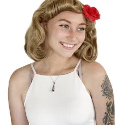 HPO Womens Pin Up Wig With Rose | Party Ready Fancy Blonde Cosplay Halloween Wig | Premium Breathable Capless Cap