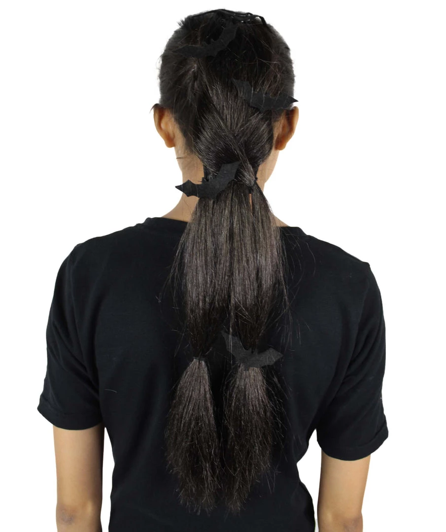 HPO Black Bat Hair Clips | Women's Long Length Twilight Bat Ponytail Hair Clips - Straight Jet Black Hair - With Black Bats