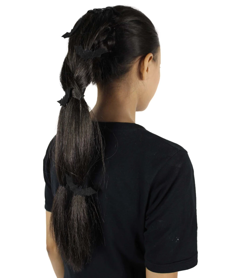 HPO Black Bat Hair Clips | Women's Long Length Twilight Bat Ponytail Hair Clips - Straight Jet Black Hair - With Black Bats