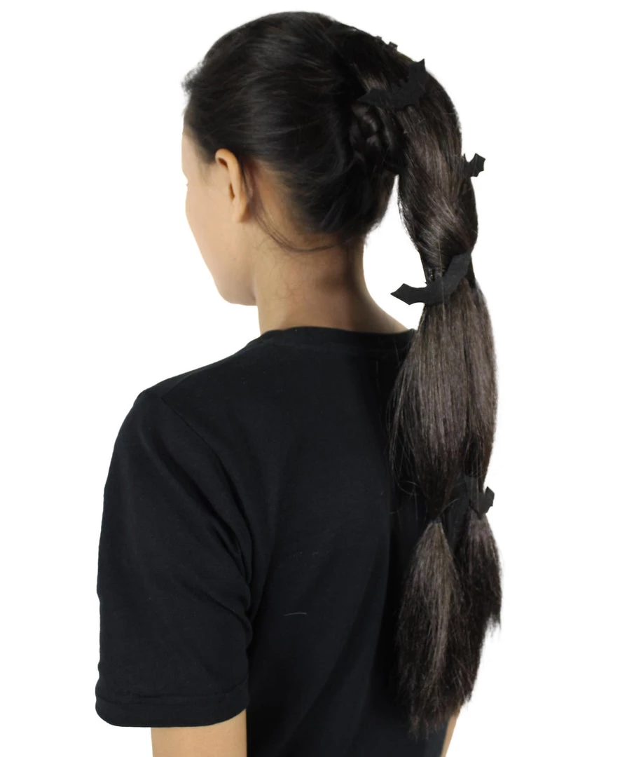 HPO Black Bat Hair Clips | Women's Long Length Twilight Bat Ponytail Hair Clips - Straight Jet Black Hair - With Black Bats