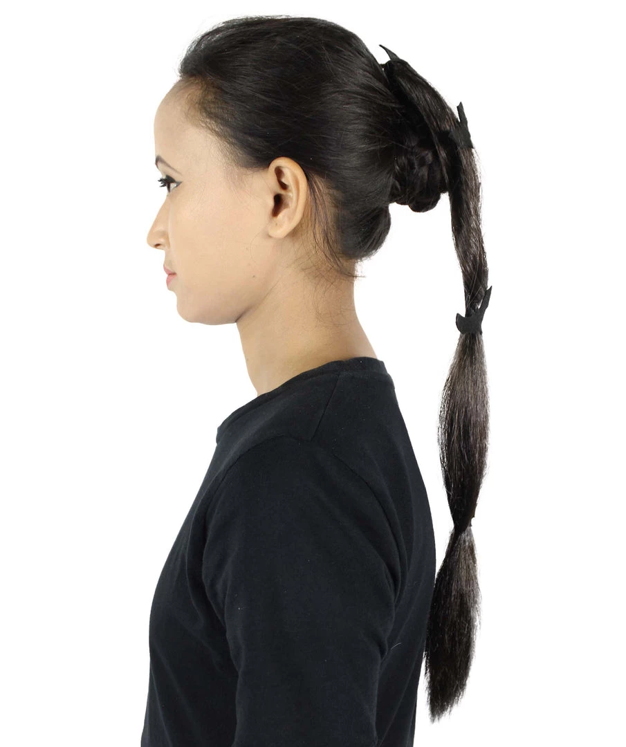HPO Black Bat Hair Clips | Women's Long Length Twilight Bat Ponytail Hair Clips - Straight Jet Black Hair - With Black Bats