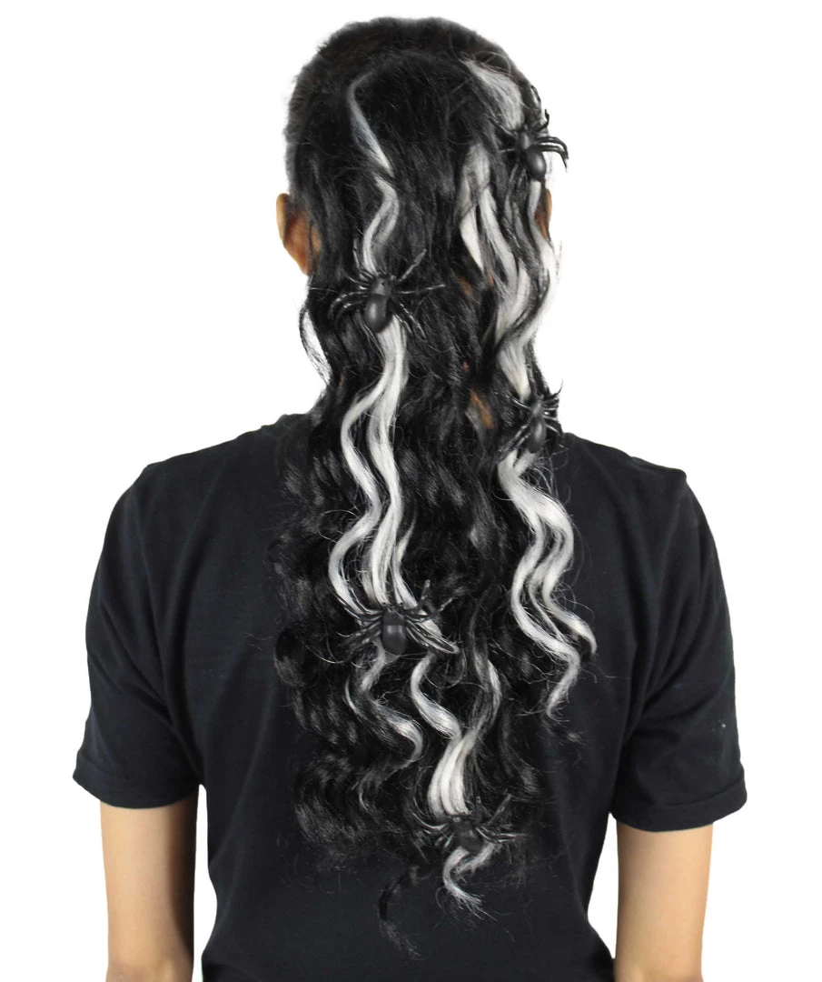 HPO Black Spider Hair Clips | Women's Long Length Queen Of Spiders Hair Clips - Long Wavy Silver And Black Hair - With Scary Black Spiders