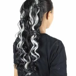 HPO Black Spider Hair Clips | Women's Long Length Queen Of Spiders Hair Clips - Long Wavy Silver And Black Hair - With Scary Black Spiders