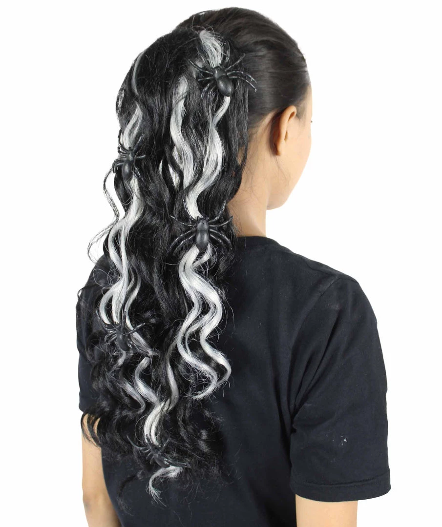 HPO Black Spider Hair Clips | Women's Long Length Queen Of Spiders Hair Clips - Long Wavy Silver And Black Hair - With Scary Black Spiders